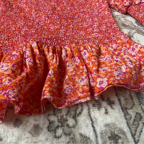 Cece Vibrant Orange Pink Floral Blouse Smocked Peplum Puff Sleeve Small - Picture 4 of 10